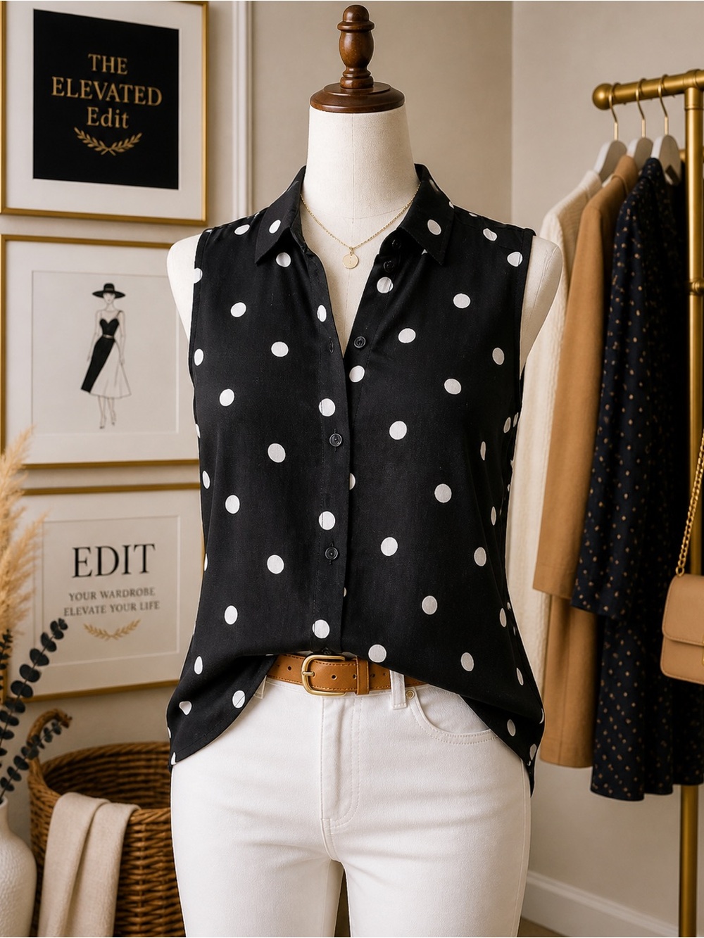 H&M Divided Black Polka Dot Sleeveless Blouse • Lightweight Viscose Button Down